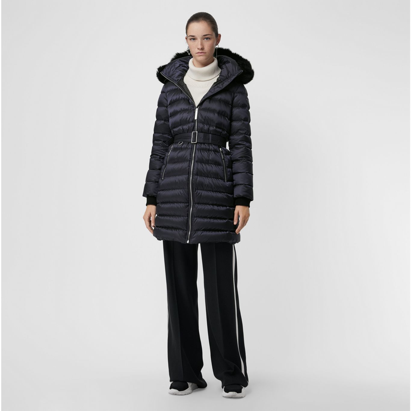 Detachable Shearling Trim Down-filled Puffer Coat
